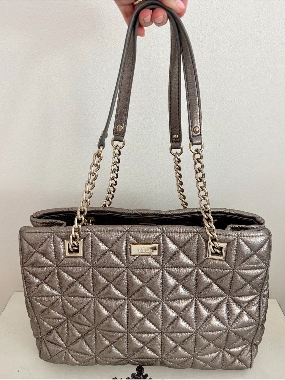 kate spade Metallic Quilted Tote in Pewter with Gold Chains